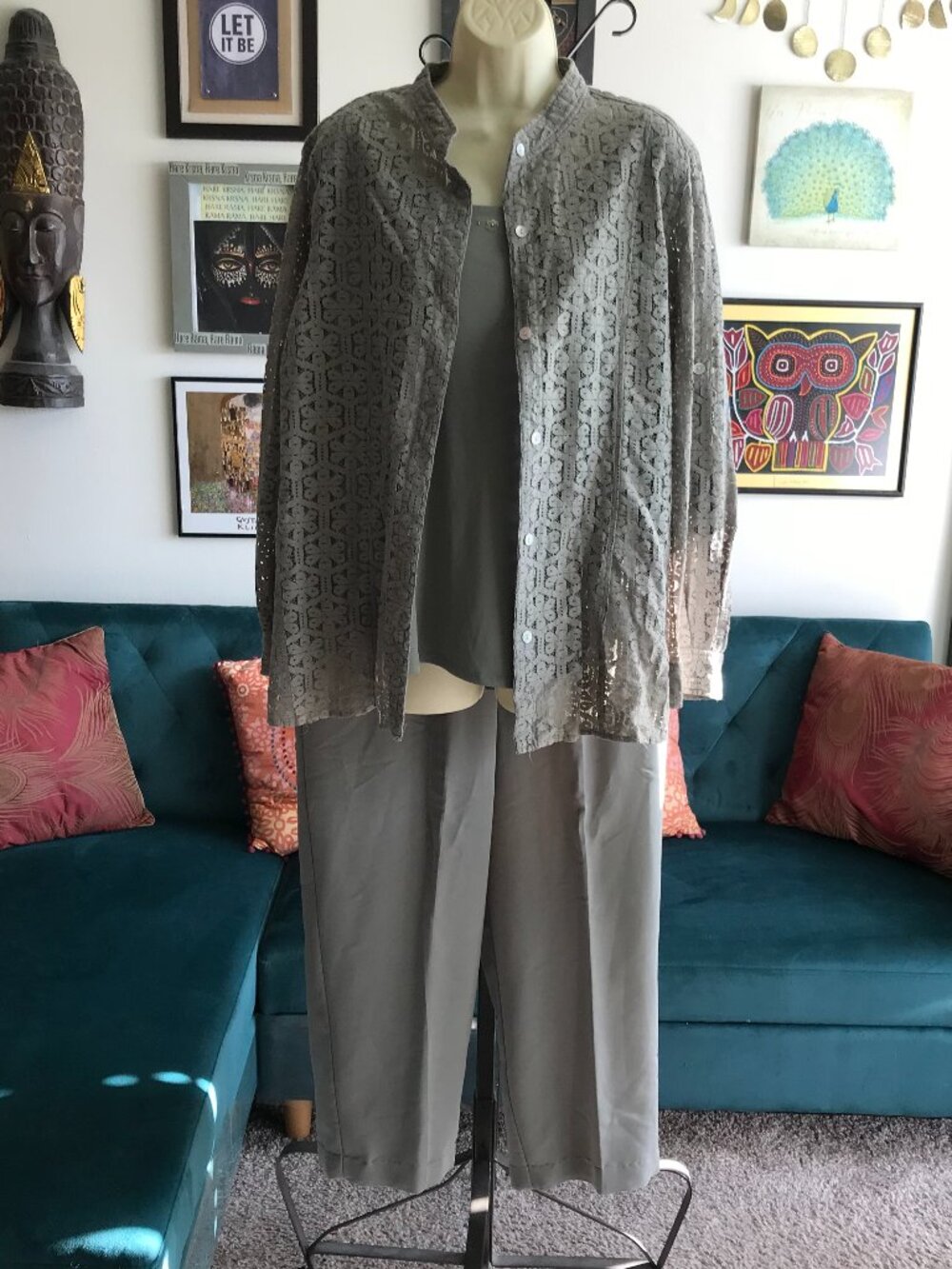 ALFRED DUNNER size 18 Sage Green Gray 3 pc Coastal Grandmother Modest Pants Set